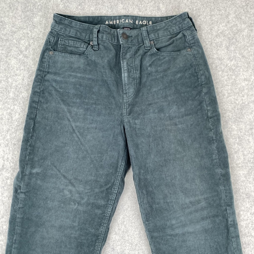 American Eagle Mom Jeans Womens 4 Green Corduroy Stretch Straight Leg High Rise